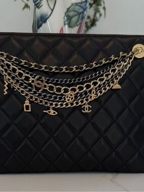 Brand New Never Been Used.Lambskin Quilted Egyptian Amulet Zipped Pouch Black